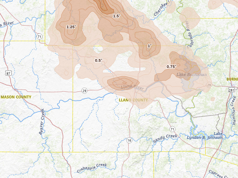 Radar-estimated hail-size map of the storm over Llano, TX on May 10, 2026