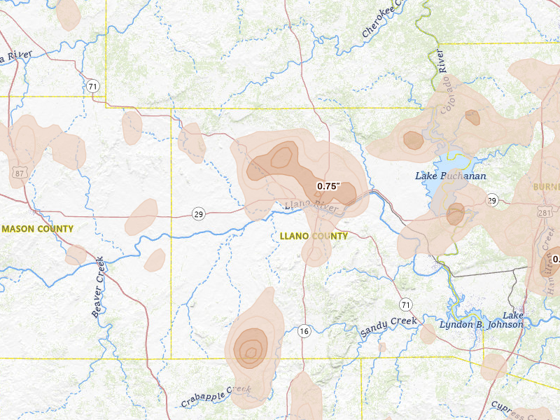 Radar-estimated hail-size map of the storm over Llano, TX on May 19, 2026