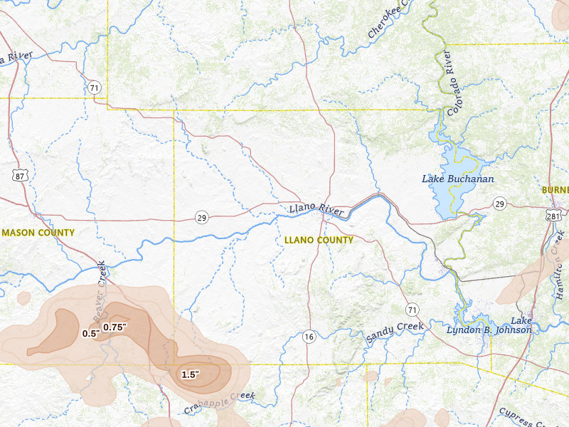 Radar-estimated hail-size map of the storm over Llano, TX on May 21, 2026