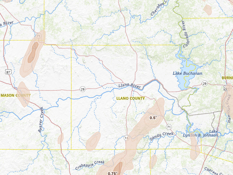 Radar-estimated hail-size map of the storm over Llano, TX on May 26, 2026