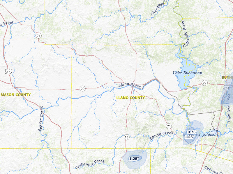 NEXRAD radar-signature map of the hail storm over Llano, TX on May 26, 2026