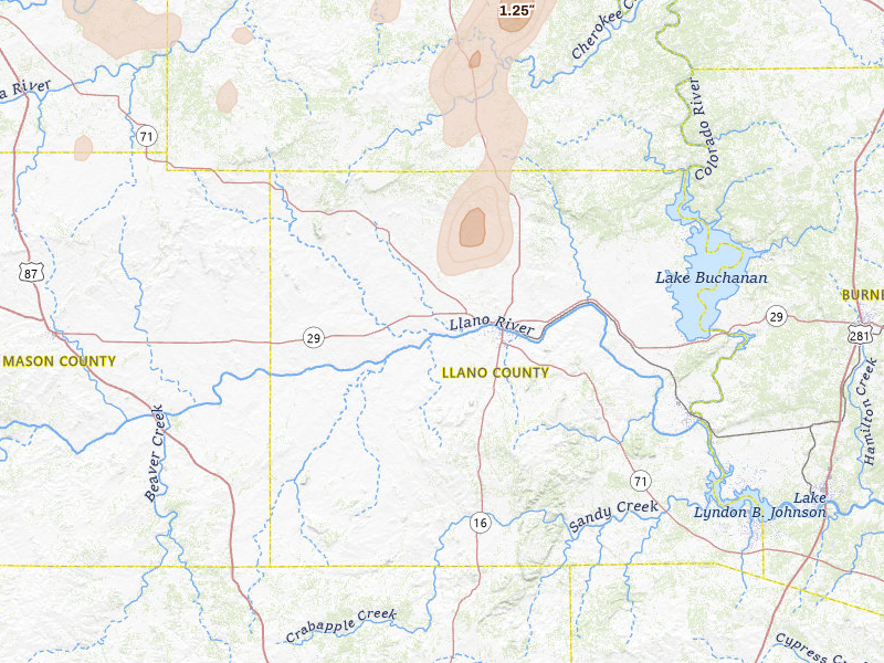 Radar-estimated hail-size map of the storm over Llano, TX on Jun 19, 2026