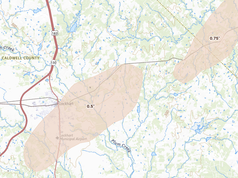 Radar-estimated hail-size map of the storm over Lockhart, TX on Mar 7, 2026