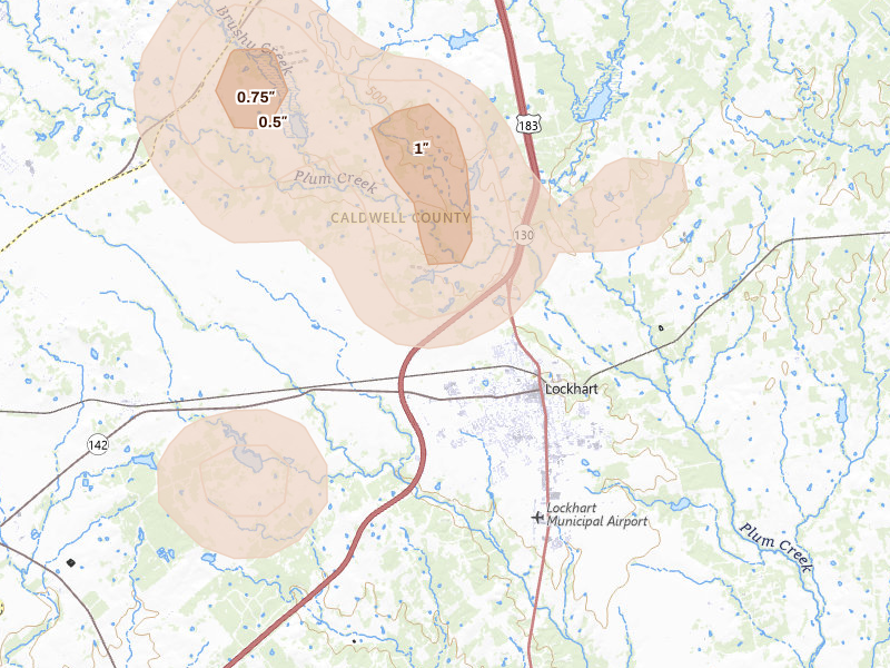 Radar-estimated hail-size map of the storm over Lockhart, TX on Aug 27, 2026