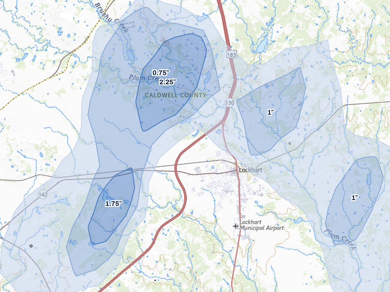 NEXRAD radar-signature map of the hail storm over Lockhart, TX on Aug 27, 2026