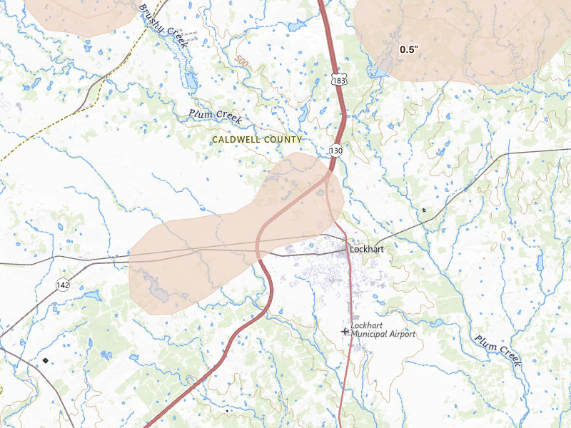 Radar-estimated hail-size map of the storm over Lockhart, TX on Aug 28, 2026