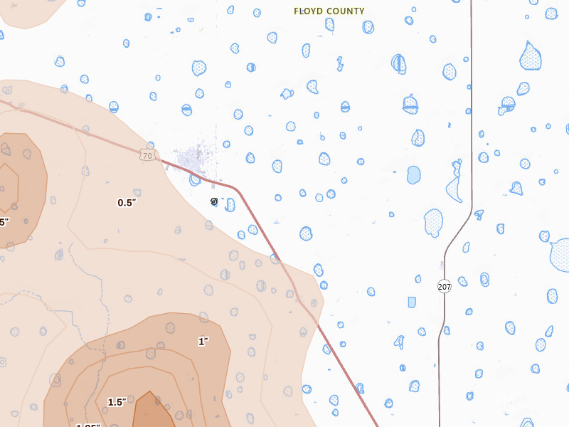 Radar-estimated hail-size map of the storm over Lockney, TX on Jun 23, 2026