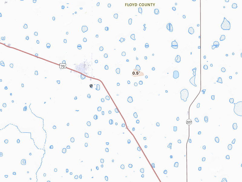 Radar-estimated hail-size map of the storm over Lockney, TX on Jul 31, 2026