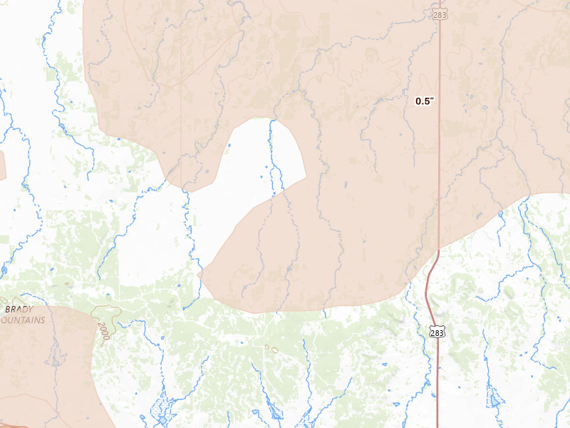 Radar-estimated hail-size map of the storm over Lohn, TX on May 10, 2026