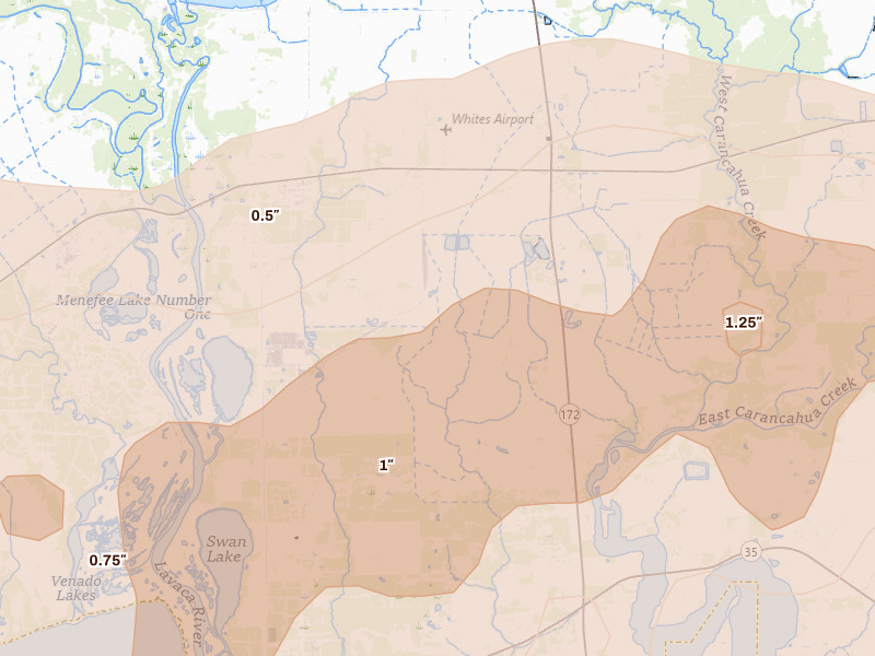Radar-estimated hail-size map of the storm over Lolita, TX on May 1, 2026