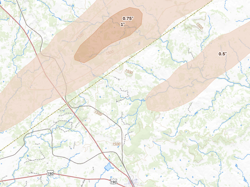 Radar-estimated hail-size map of the storm over Lometa, TX on Jan 9, 2026