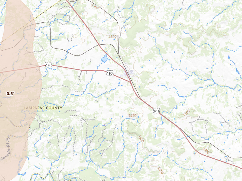 Radar-estimated hail-size map of the storm over Lometa, TX on Jun 19, 2026