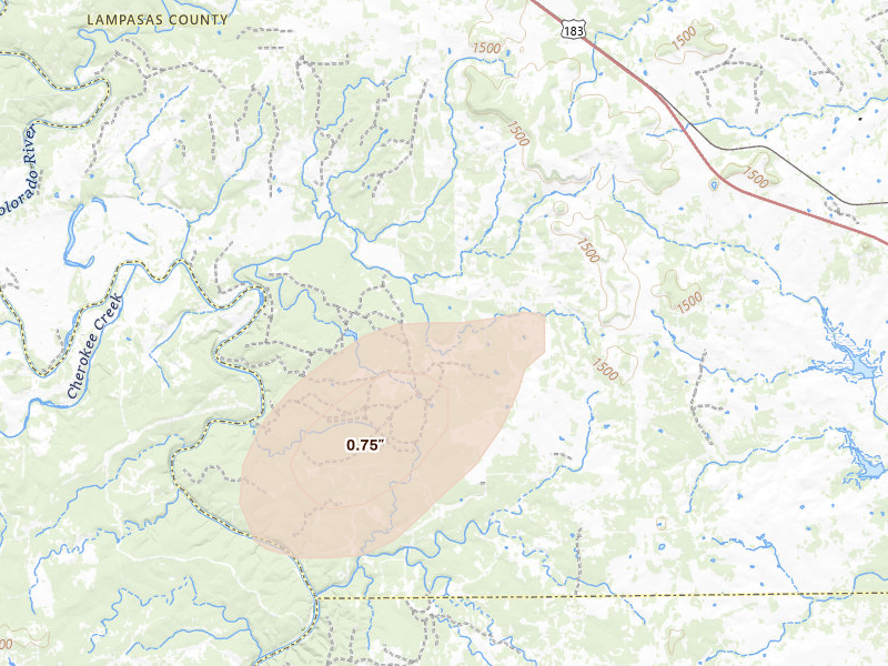 Radar-estimated hail-size map of the storm over Lometa, TX on Aug 27, 2026