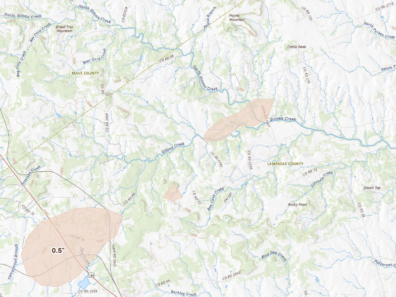 Radar-estimated hail-size map of the storm over Lometa, TX on Sep 20, 2026