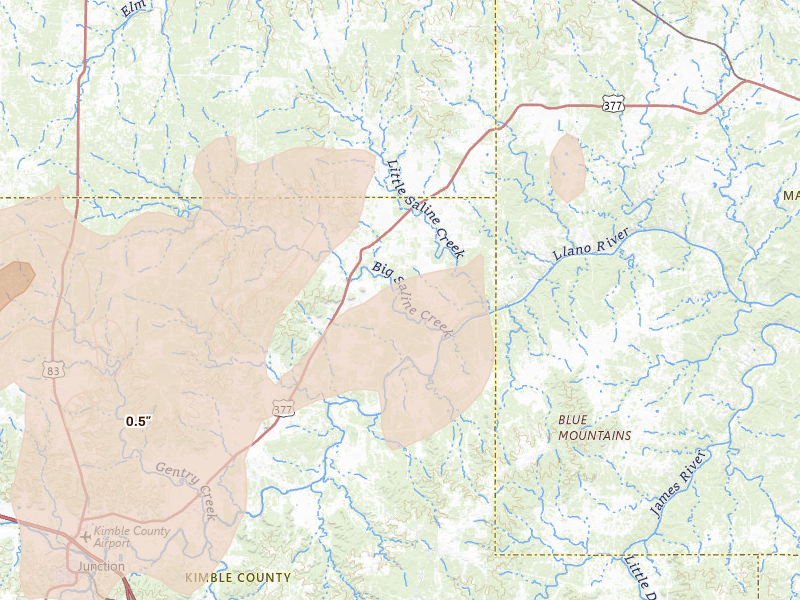 Radar-estimated hail-size map of the storm over London, TX on Mar 10, 2026