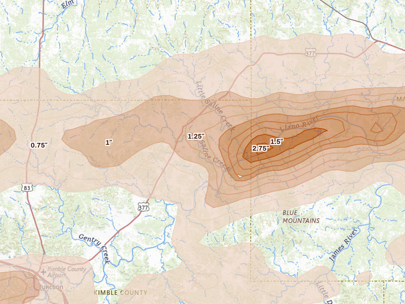 Radar-estimated hail-size map of the storm over London, TX on May 6, 2026