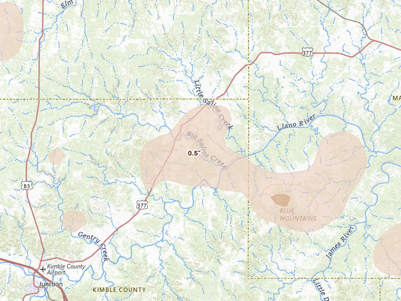 Radar-estimated hail-size map of the storm over London, TX on May 21, 2026