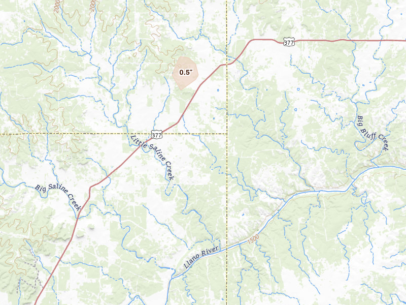 Radar-estimated hail-size map of the storm over London, TX on Aug 27, 2026
