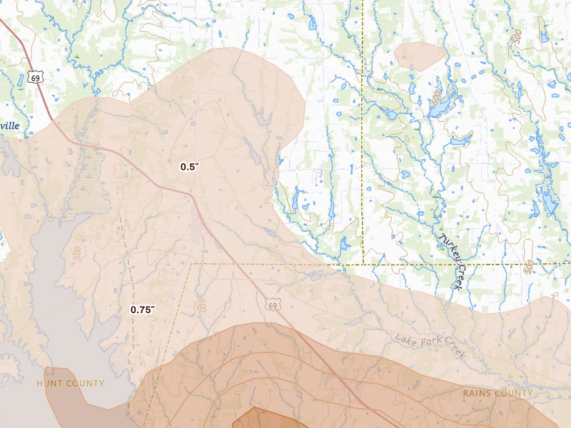 Radar-estimated hail-size map of the storm over Lone Oak, TX on Apr 24, 2026