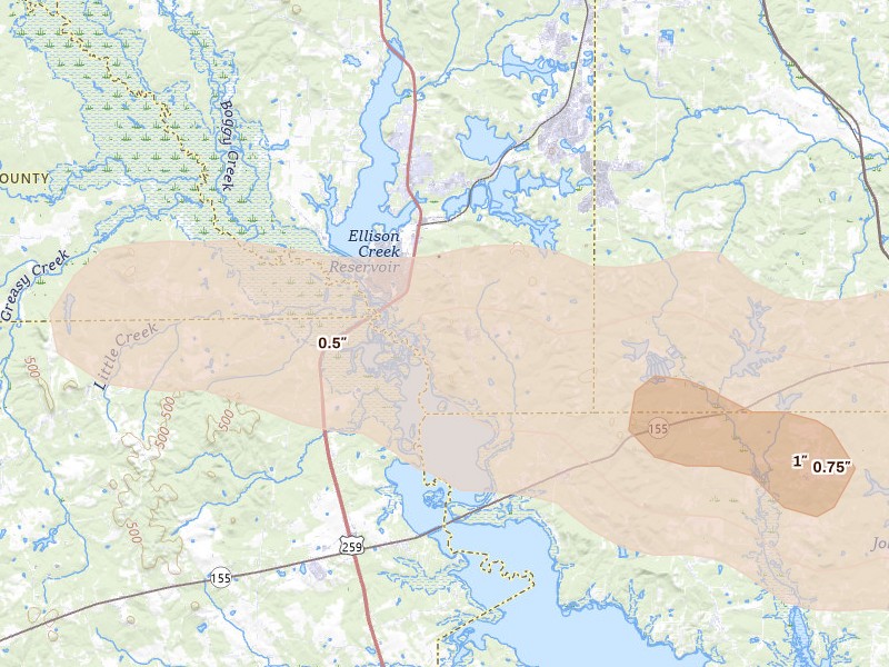 Radar-estimated hail-size map of the storm over Lone Star, TX on Apr 29, 2026