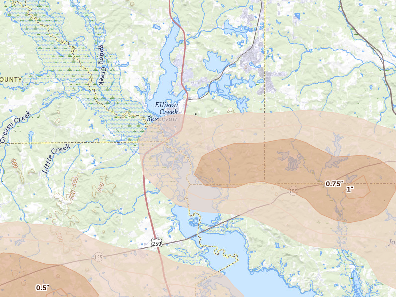 Radar-estimated hail-size map of the storm over Lone Star, TX on May 8, 2026