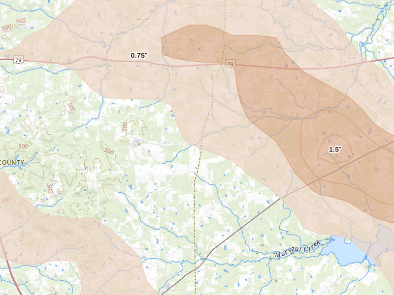 Radar-estimated hail-size map of the storm over Long Branch, TX on Apr 24, 2026