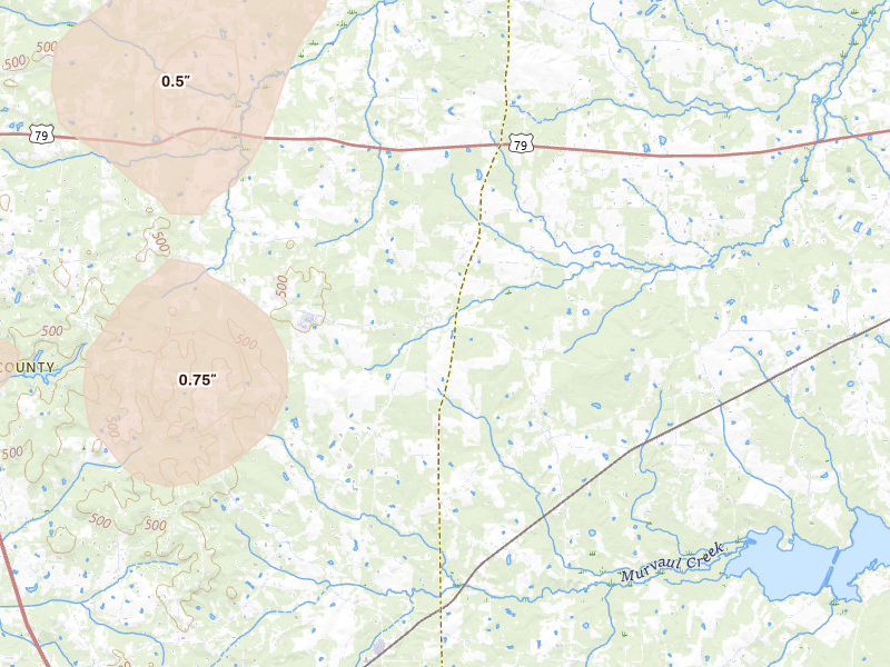 Radar-estimated hail-size map of the storm over Long Branch, TX on Jun 2, 2026