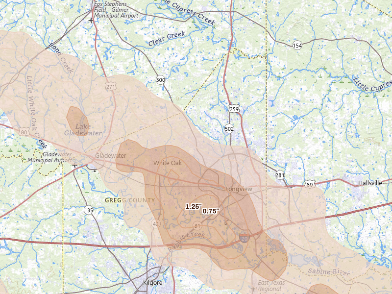 Radar-estimated hail-size map of the storm over Longview, TX on Mar 15, 2026