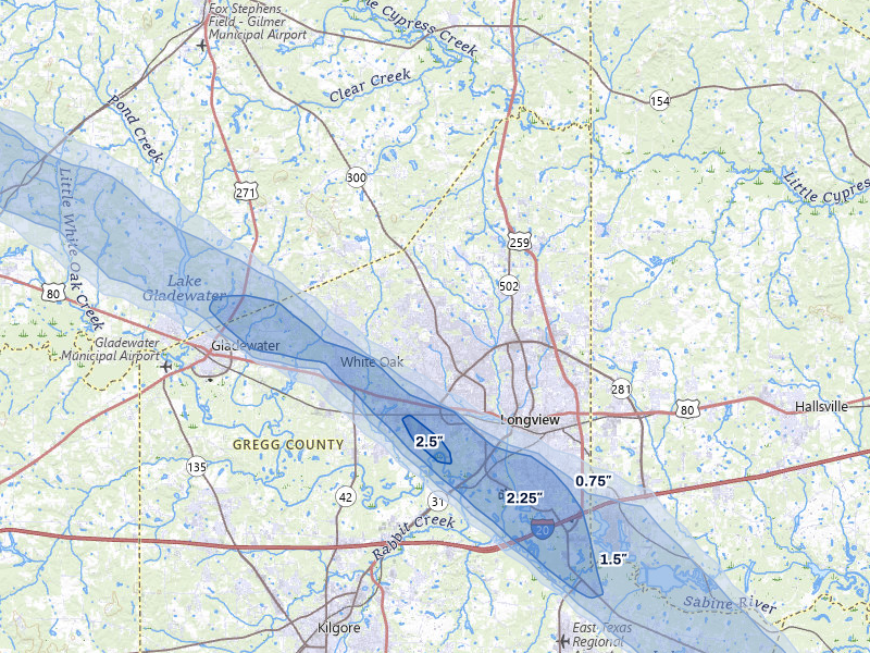 NEXRAD radar-signature map of the hail over Longview, TX