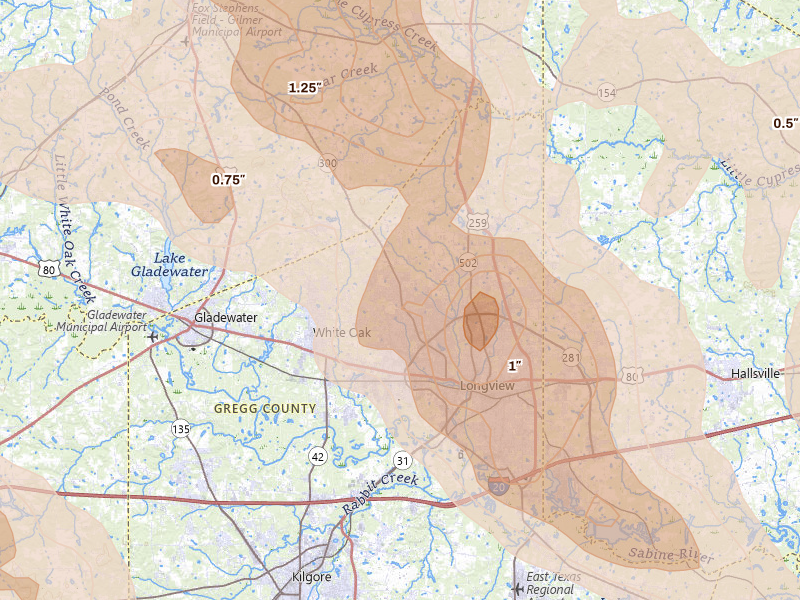 Radar-estimated hail-size map of the storm over Longview, TX on Apr 24, 2026