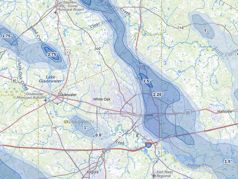 NEXRAD radar-signature map of the hail over Longview, TX