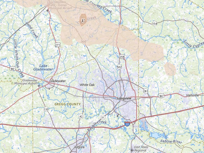 Radar-estimated hail-size map of the storm over Longview, TX on Apr 29, 2026