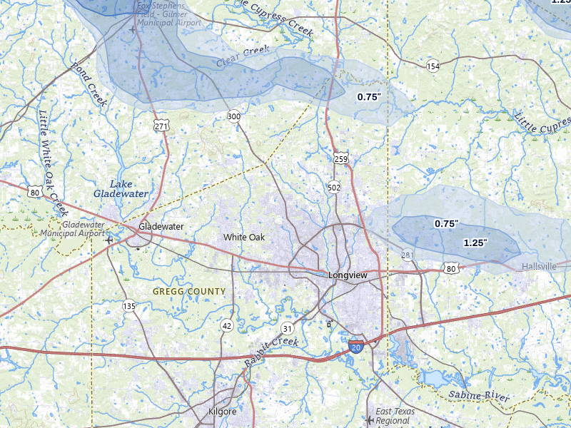 NEXRAD radar-signature map of the hail storm over Longview, TX on May 8, 2026