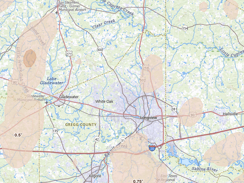 Radar-estimated hail-size map of the storm over Longview, TX on May 22, 2026