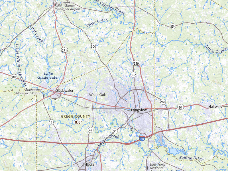 Radar-estimated hail-size map of the storm over Longview, TX on May 25, 2026