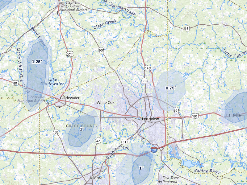 NEXRAD radar-signature map of the hail over Longview, TX