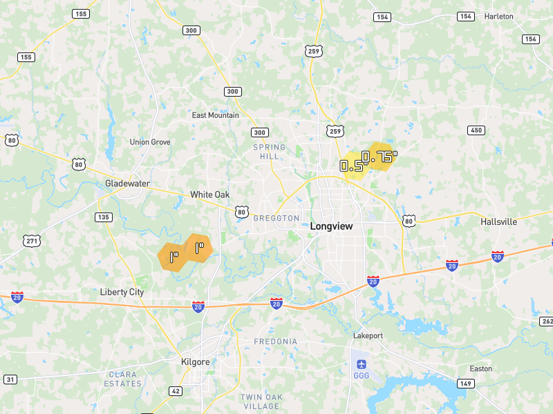 Hail map of Longview, TX on Jun 2, 2026, hail up to 1"