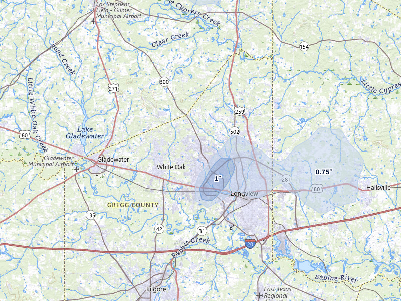 NEXRAD radar-signature map of the hail over Longview, TX