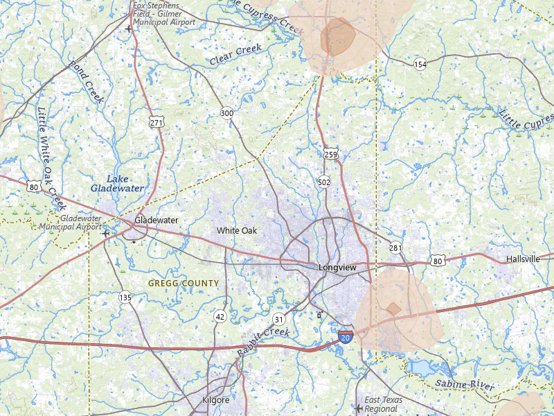 Radar-estimated hail-size map of the storm over Longview, TX on Jul 6, 2026