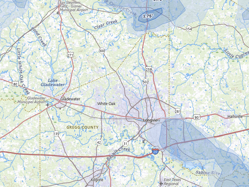NEXRAD radar-signature map of the hail storm over Longview, TX on Jul 6, 2026