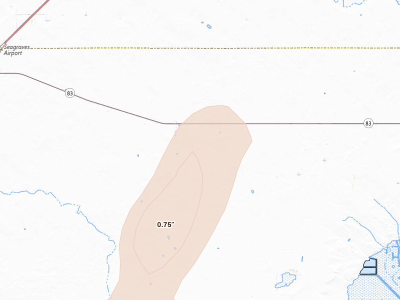Radar-estimated hail-size map of the storm over Loop, TX on Jun 28, 2026