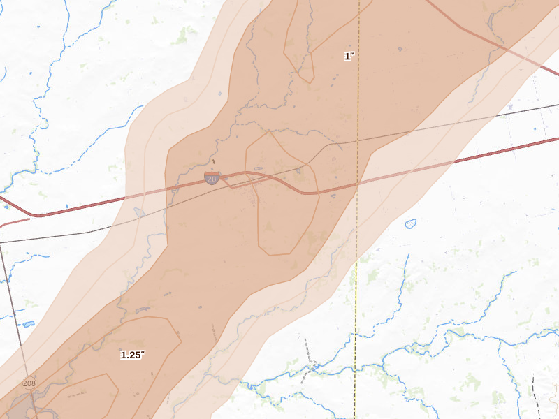 Radar-estimated hail-size map of the storm over Loraine, TX on Apr 13, 2026
