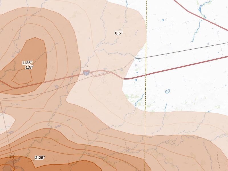 Radar-estimated hail-size map of the storm over Loraine, TX on May 10, 2026