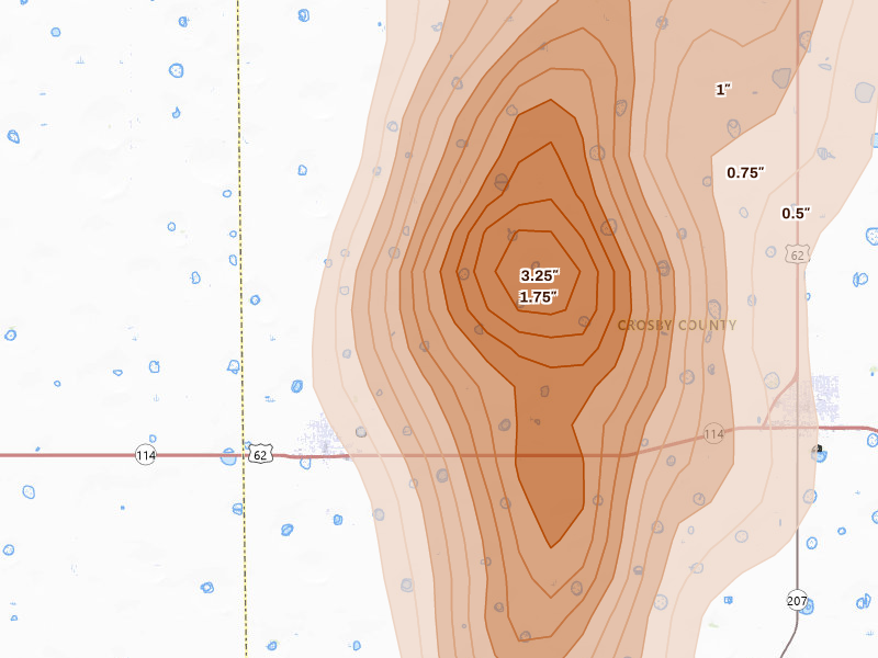 Radar-estimated hail-size map of the storm over Lorenzo, TX on Jun 23, 2026