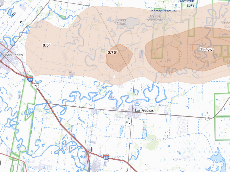 Radar-estimated hail-size map of the storm over Los Fresnos, TX on May 9, 2026