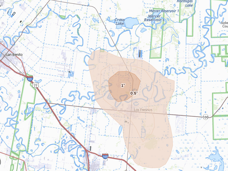 Radar-estimated hail-size map of the storm over Los Fresnos, TX on May 24, 2026