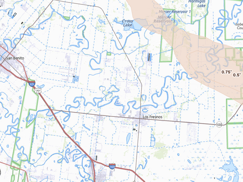 Radar-estimated hail-size map of the storm over Los Fresnos, TX on Jul 20, 2026