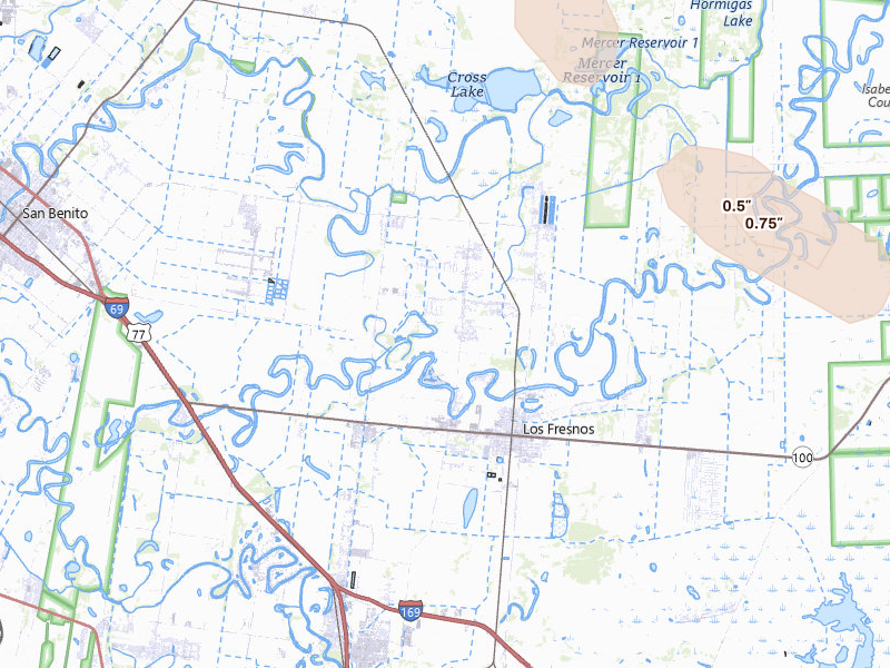 Radar-estimated hail-size map of the storm over Los Fresnos, TX on Jul 22, 2026