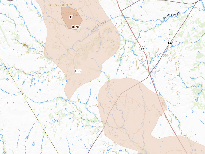 Radar-estimated hail-size map of the storm over Lott, TX on May 10, 2026