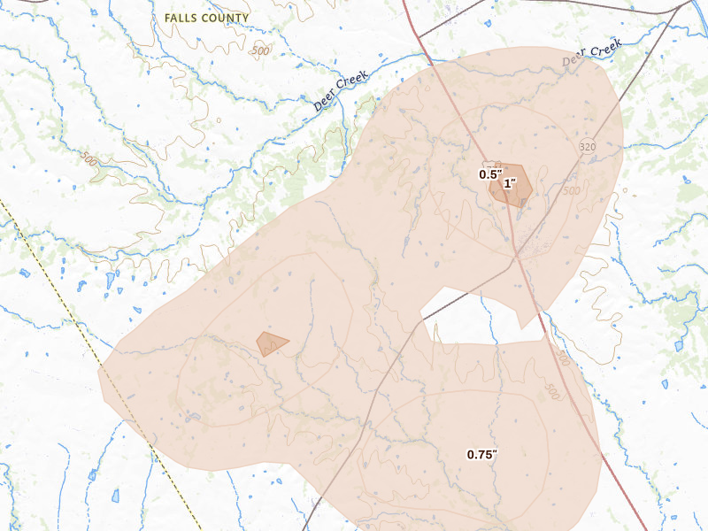 Radar-estimated hail-size map of the storm over Lott, TX on May 19, 2026